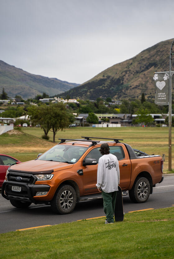 Palmer on his way to the skatepark in Wānaka