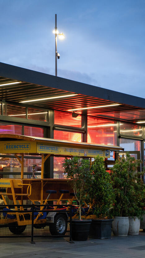 A restaurant at dusk